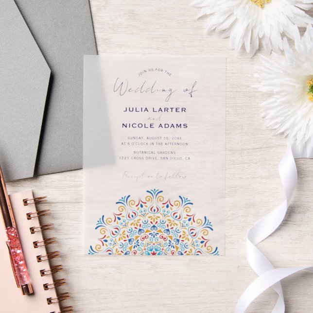 Tribal Folk Country Culture Crest Mandala Wedding Vellum Invitations (Wedding)