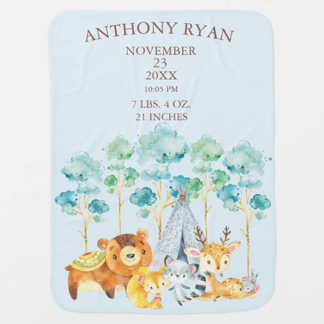 Tribal Forest Animal Baby Boys Birth Stats Blanket (Front)