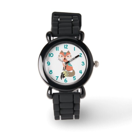 Tribal Fox Teal Number Kids Watch