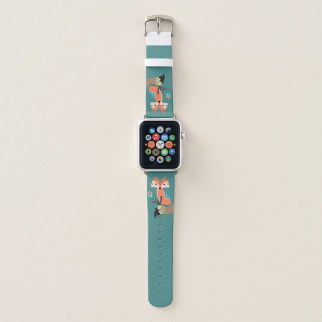 Tribal Fox with Feather on Teal Apple Watch Band (Front)