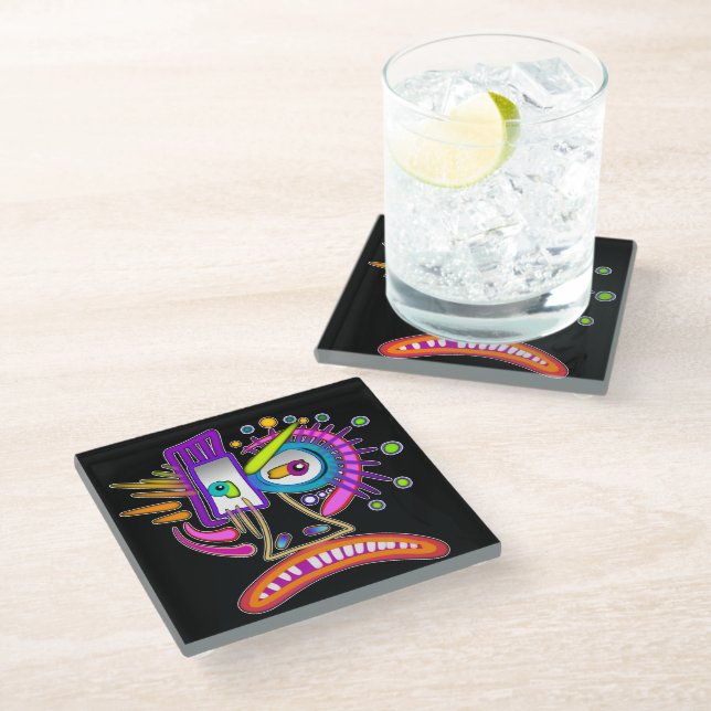 TRIBAL FROWNIE EMOJI MEEMOGIE GLASS COASTER (Angled)