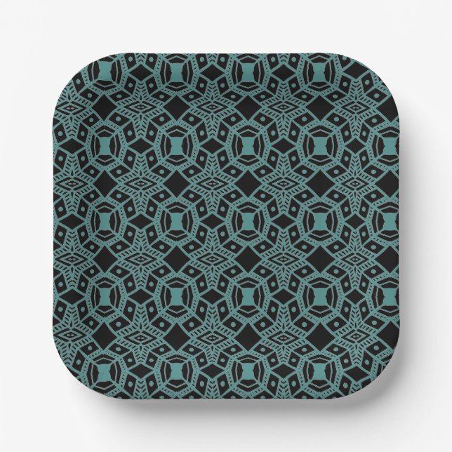 Tribal Gems Black & Teal Pattern Paper Plates (Front)