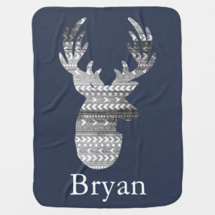 Tribal Geometric & Gray Barn Wood Deer Baby's Name Stroller Blanket