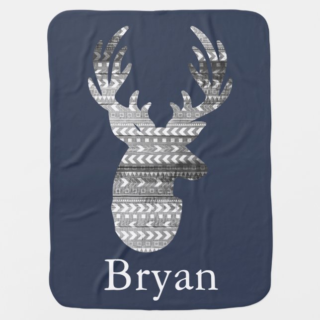 Tribal Geometric & Gray Barn Wood Deer Baby's Name Stroller Blanket (Front)
