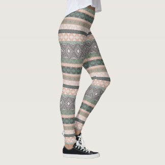 Tribal Geometric Mudcloth Stripe Boho Green Beige Leggings