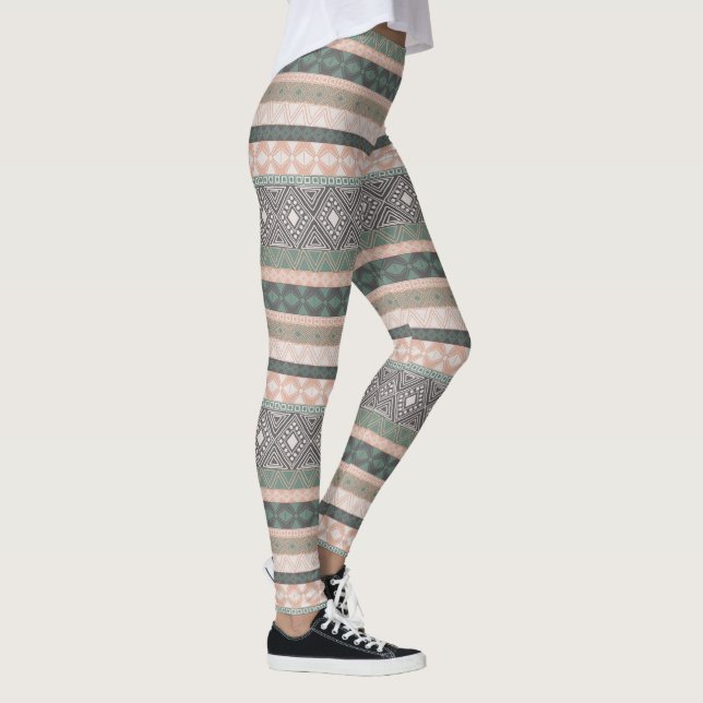 Tribal Geometric Mudcloth Stripe Boho Green Beige Leggings (Right)