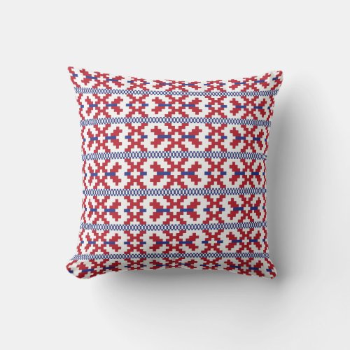 Tribal geometric red blue and white pattern throw pillow