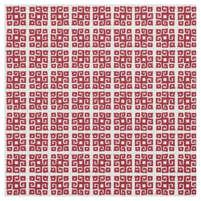 Tribal geometric white red square patterned fabric (Swatch)