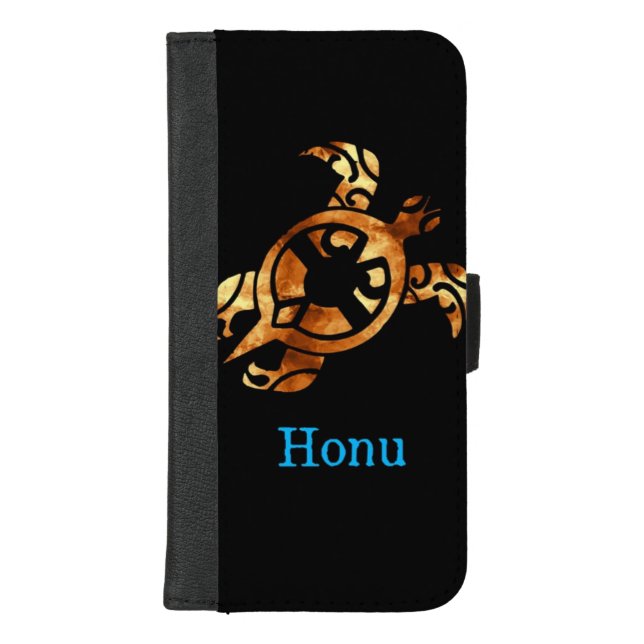 Tribal Gold Hawaiian Sea Turtle on Black iPhone Wallet Case (Front)
