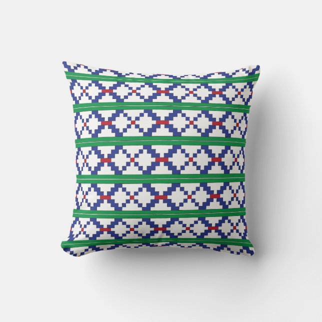 Tribal Green, blue, red ethnic folk art pattern Throw Pillow (Front)