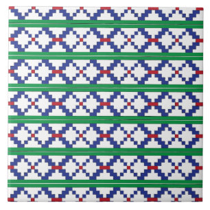 Tribal Green, blue, red ethnic folk art pattern Tile