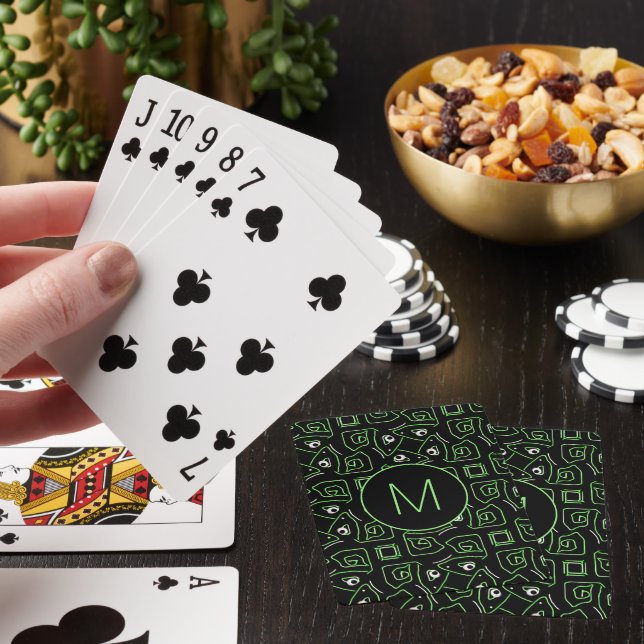 Tribal Green Eye of Lizard Pattern Monogram Poker Cards (In Situ)