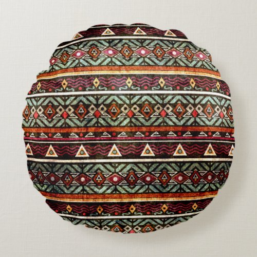 Tribal Grunge Ethno Retro Pattern Round Pillow