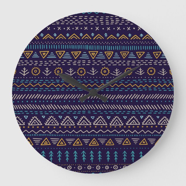 Tribal Hand-Drawn: Ethnic Seamless Pattern Large Clock (Front)