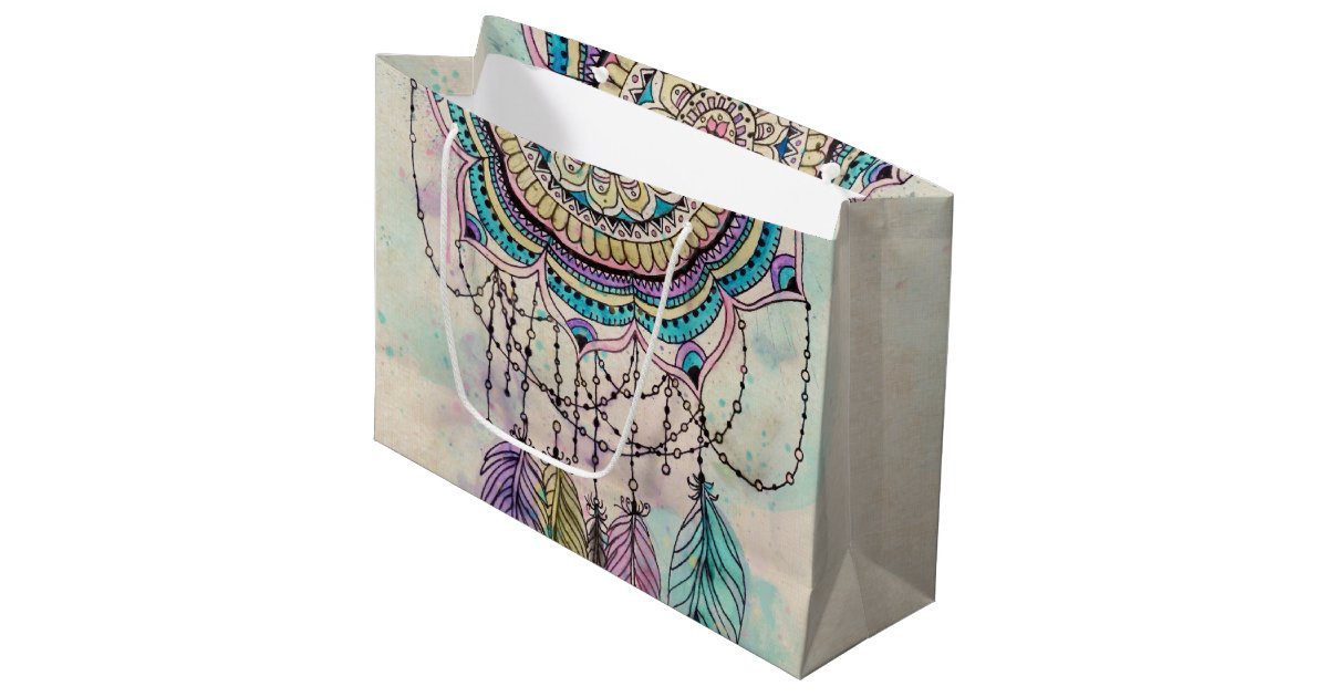 Tribal Hand Paint Dreamcatcher Mandala Design Large Gift Bag