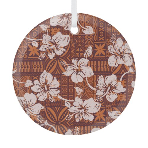Tribal Hawaiian: Hibiscus Flower Wallpaper Glass Ornament