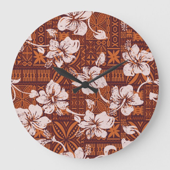 Tribal Hawaiian: Hibiscus Flower Wallpaper Large Clock (Front)