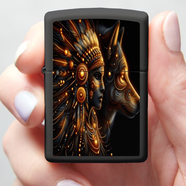 Tribal Headdress and Glowing Wolf b Zippo Lighter (In Hand)