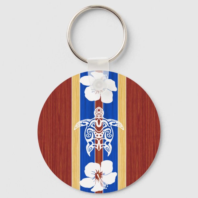 Tribal Honu Fake Wood Surfboard Keychain (Front)