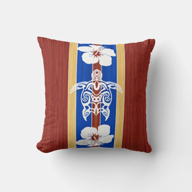 Tribal Honu Fake Wood Surfboard Throw Pillow (Front)