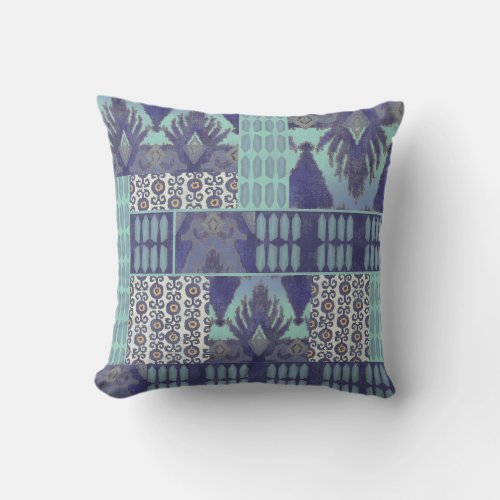 Tribal IKAT Geometric Pattern Aqua Navy Striped Throw Pillow