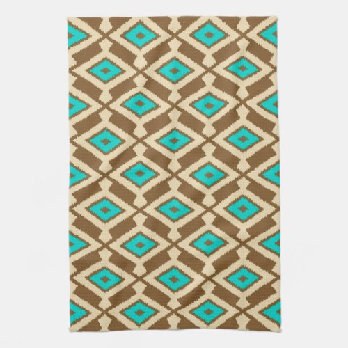 Tribal Ikat Pattern Beige Taupe and Turquoise Kitchen Towel