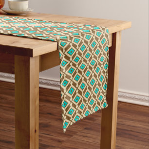 Tribal Ikat Pattern, Beige, Taupe and Turquoise Short Table Runner