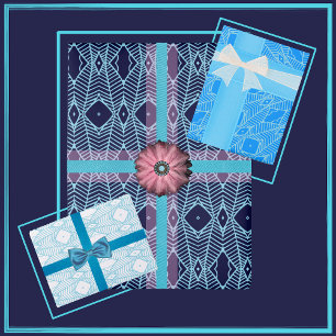 Tribal-inspired geometric pattern in blue & white wrapping paper sheets