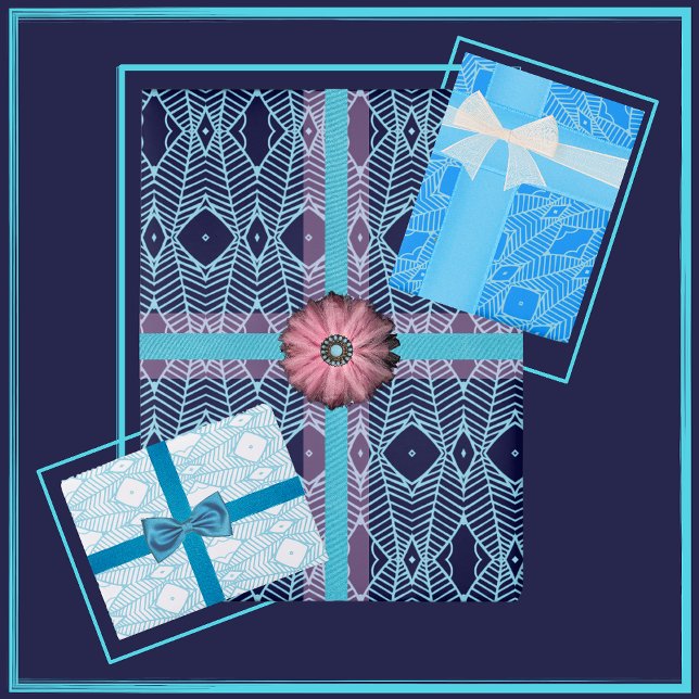 Tribal-inspired geometric pattern in blue & white wrapping paper sheets (Creator Uploaded)