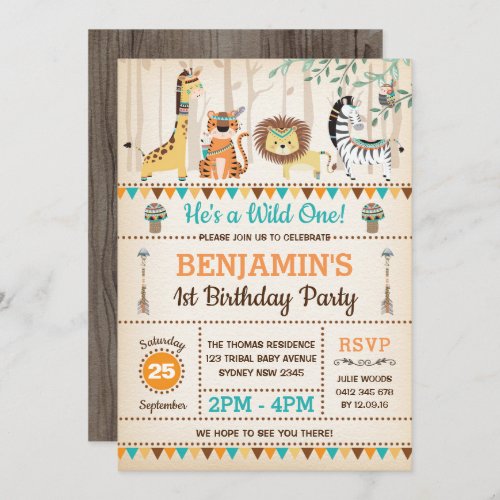 Tribal Jungle Animals Rustic Wild One 1st Birthday Invitation