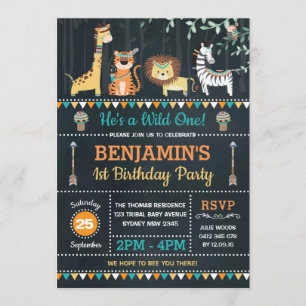 Tribal Jungle Safari Animals Wild One 1st Birthday Invitation