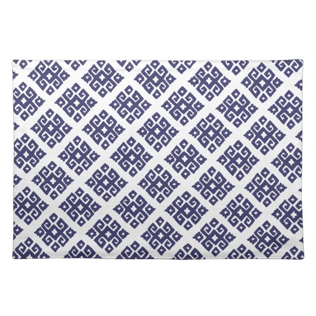 Tribal key pattern blue white canvas placemat (Front)