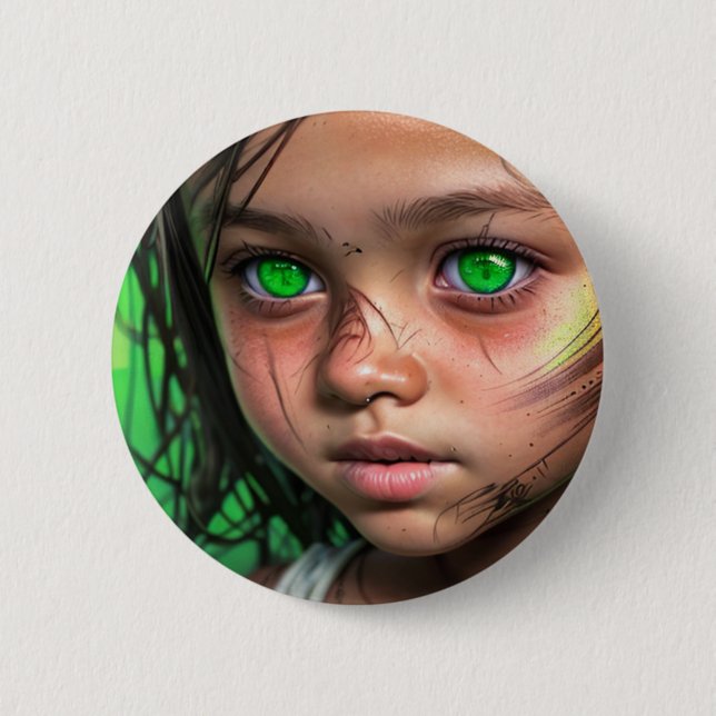 Tribal Kids |  Futuristic Girl Glowing Green Eyes Button (Front)