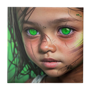 Tribal Kids Futuristic Girl Glowing Green Eyes Ceramic Tile
