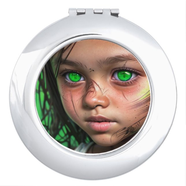 Tribal Kids |  Futuristic Girl Glowing Green Eyes Compact Mirror (Front)