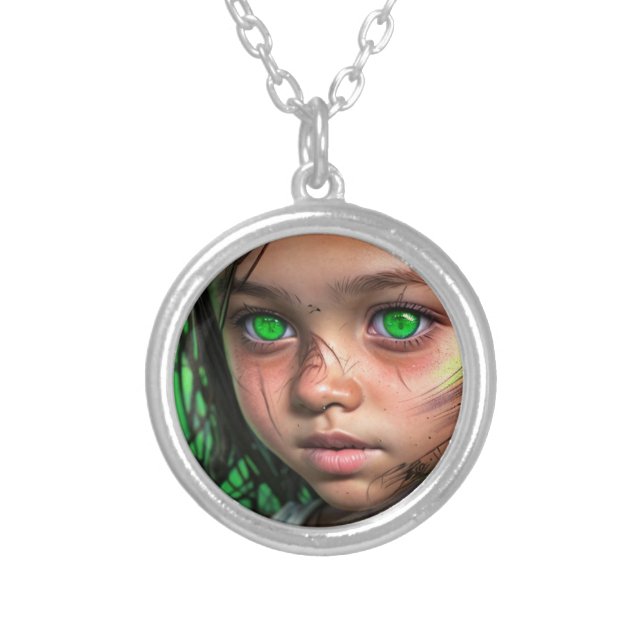 Tribal Kids |  Futuristic Girl Glowing Green Eyes Silver Plated Necklace (Front)