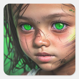 Tribal Kids Futuristic Girl Glowing Green Eyes Square Sticker