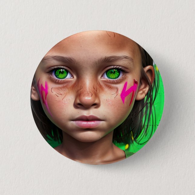 Tribal Kids |  Futuristic Stoic Girl Green Eyes Button (Front)