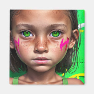 Tribal Kids Futuristic Stoic Girl Green Eyes Magnet