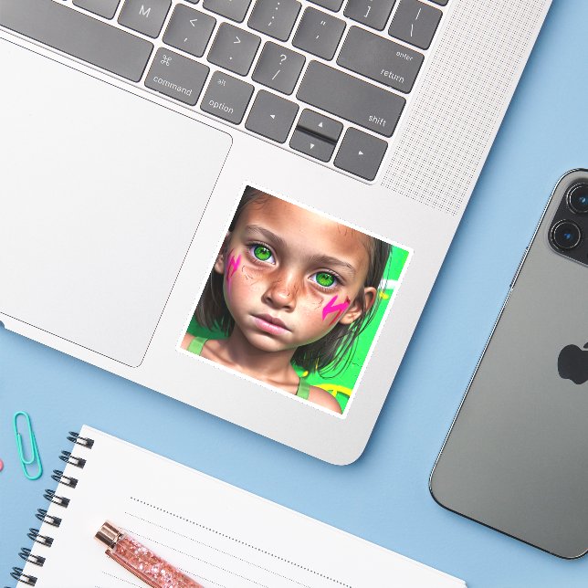 Tribal Kids |  Futuristic Stoic Girl Green Eyes Sticker (Laptop w/ iPhone)