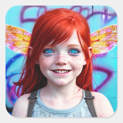 Tribal Kids  Girl with Red Hair Graffiti Square Sticker