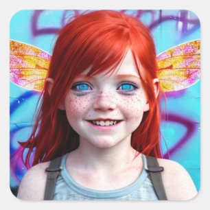 Tribal Kids Girl with Red Hair Graffiti Square Sticker
