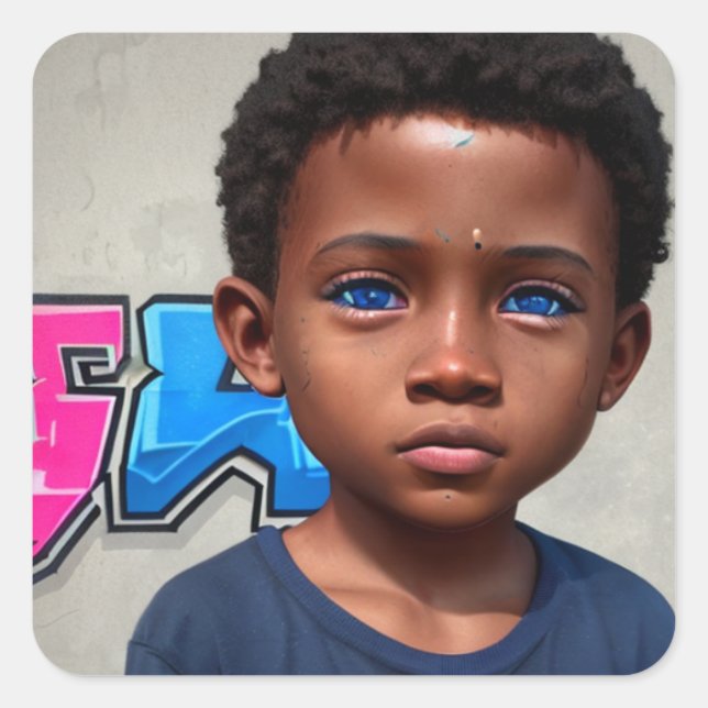 Tribal Kids | Little Boy of Color with Blue Eyes Square Sticker (Front)
