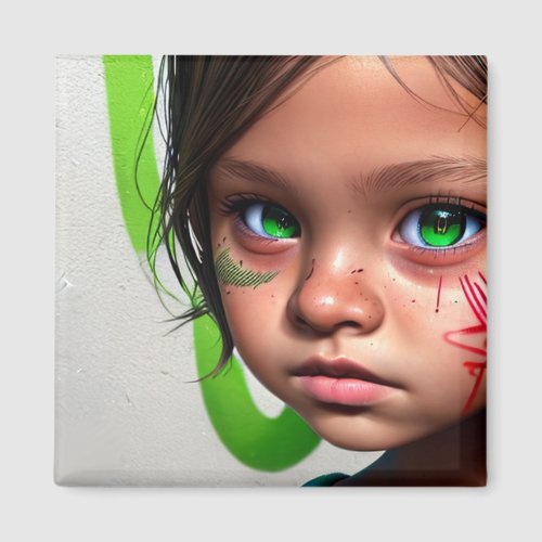 Tribal Kids  Little Futuristic Girl Green Eyes Magnet