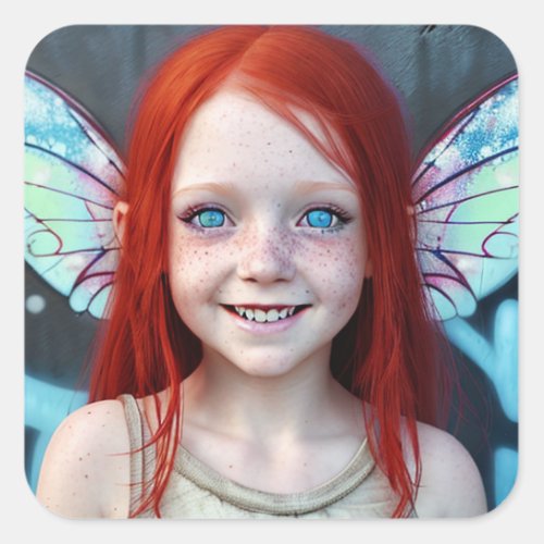 Tribal Kids  Redhead Girl with Fairy Wings Square Sticker