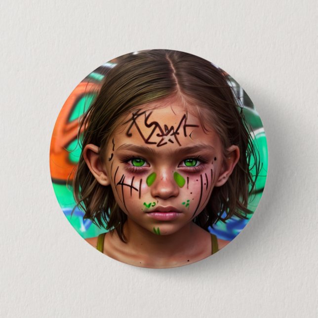 Tribal Kids | Urban Futuristic Girl Green Eyes Button (Front)