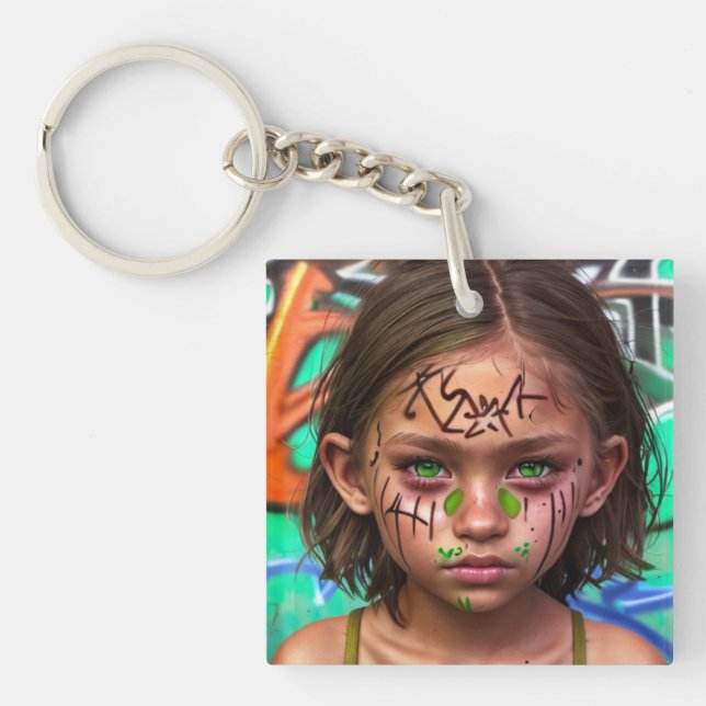Tribal Kids | Urban Futuristic Girl Green Eyes Keychain (Front)