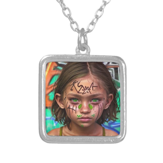 Tribal Kids | Urban Futuristic Girl Green Eyes Silver Plated Necklace (Front)