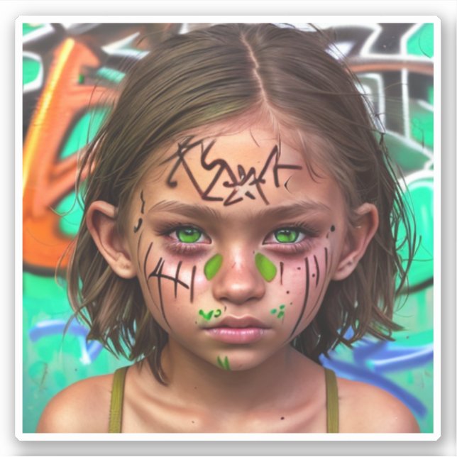 Tribal Kids | Urban Futuristic Girl Green Eyes Sticker (Front)