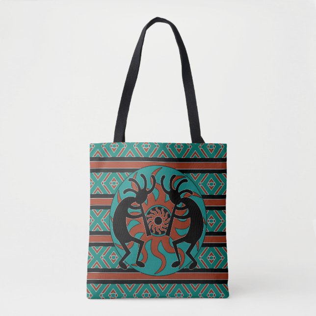 Tribal Kokopelli Southwest Turquoise Tote Bag (Front)